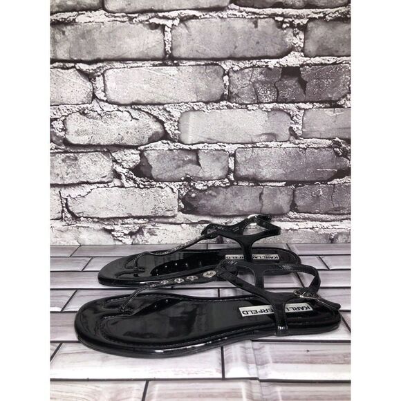 Karl Lagerfeld Black Patent Leather Strap Flats Sandals Women’s Sz 6M US/36EU - Picture 1 of 16
